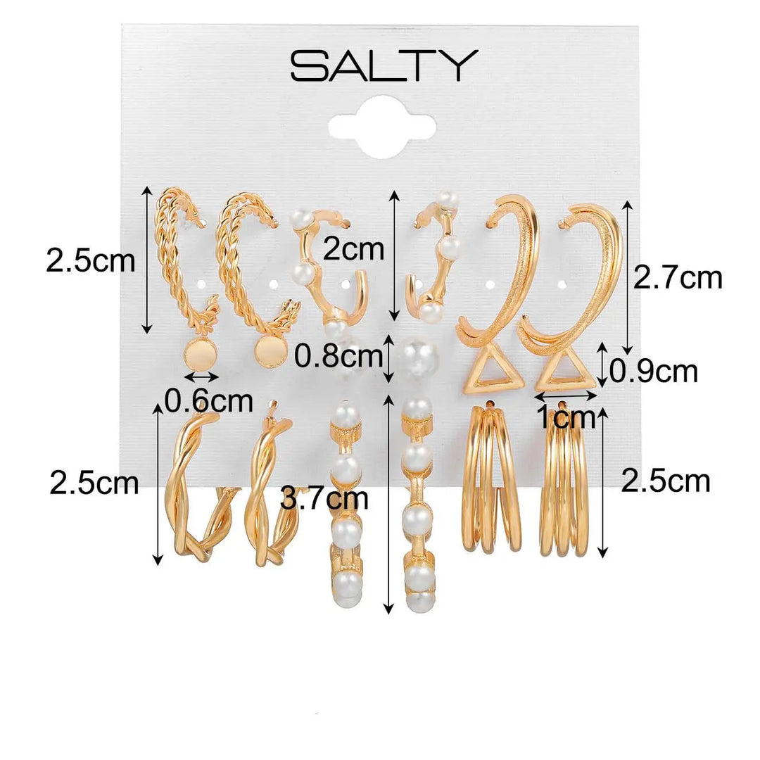 Set of 9 Gold Personality Pearl Gold Plated Vintage Hoops and Studs - Salty Accessories