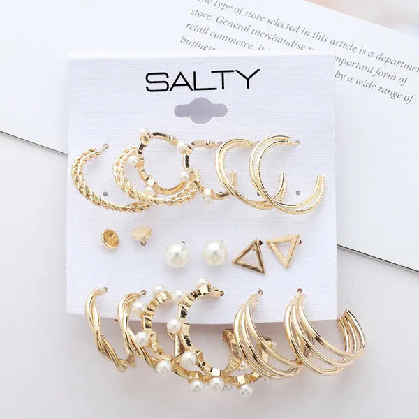 Set of 9 Gold Personality Pearl Gold Plated Vintage Hoops and Studs