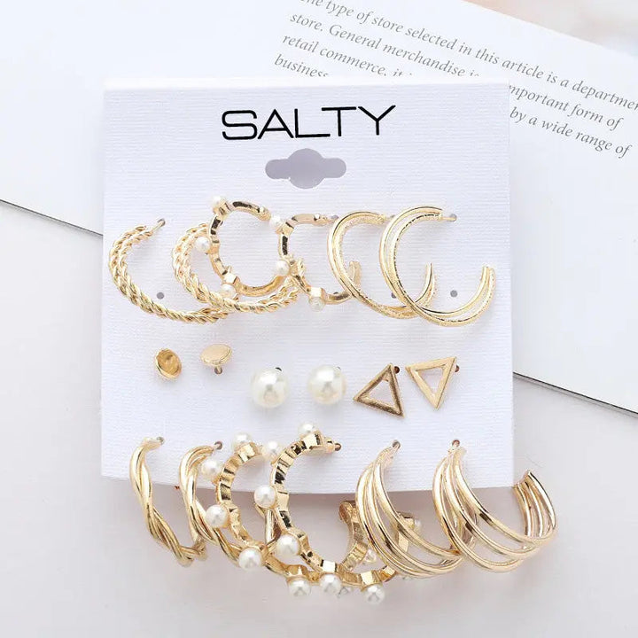 Set of 9 Gold Personality Pearl Gold Plated Vintage Hoops and Studs - Salty Accessories