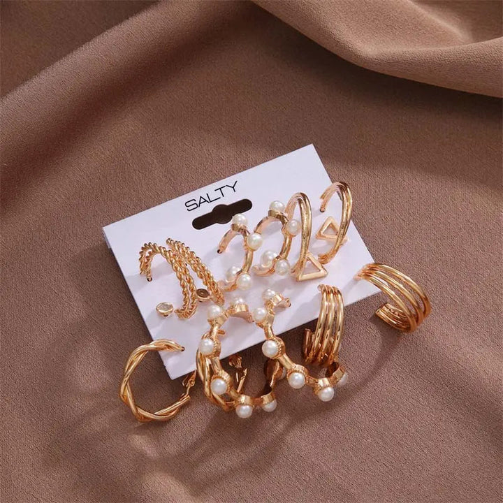 Set of 9 Gold Personality Pearl Gold Plated Vintage Hoops and Studs - Salty Accessories