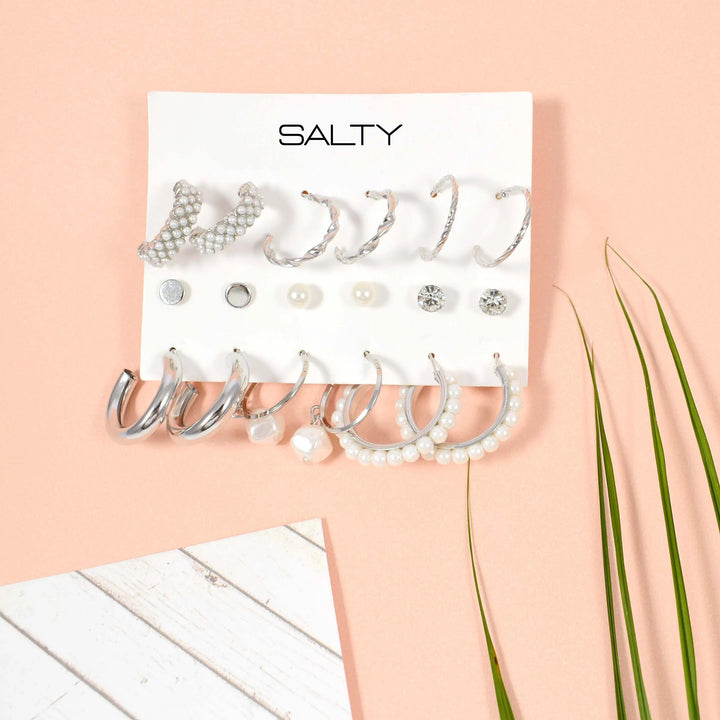 Set of 9 Silver Chunky Real Freshwater Pearl Hoops and Studs - Salty Accessories