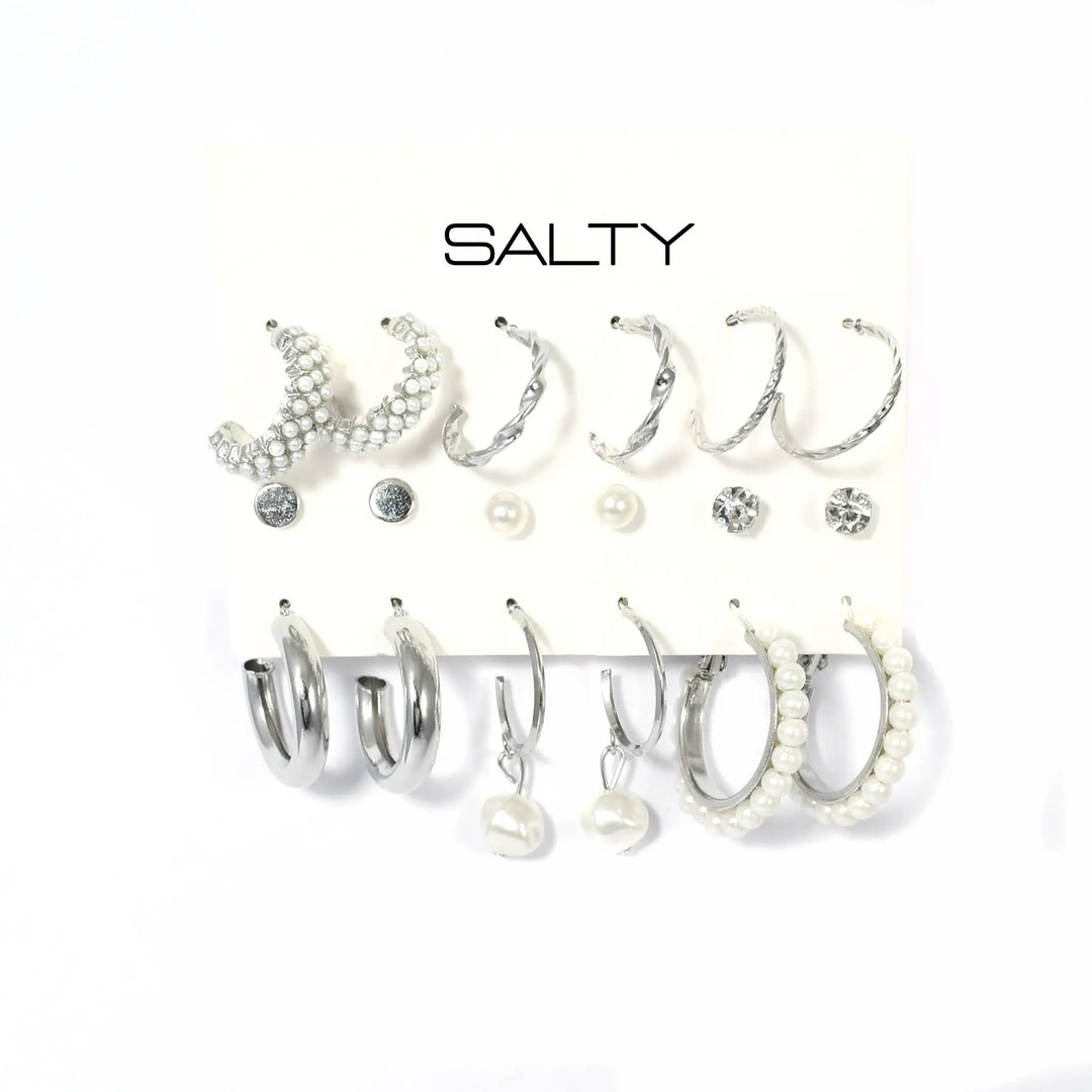Set of 9 Silver Chunky Real Freshwater Pearl Hoops and Studs - Salty Accessories