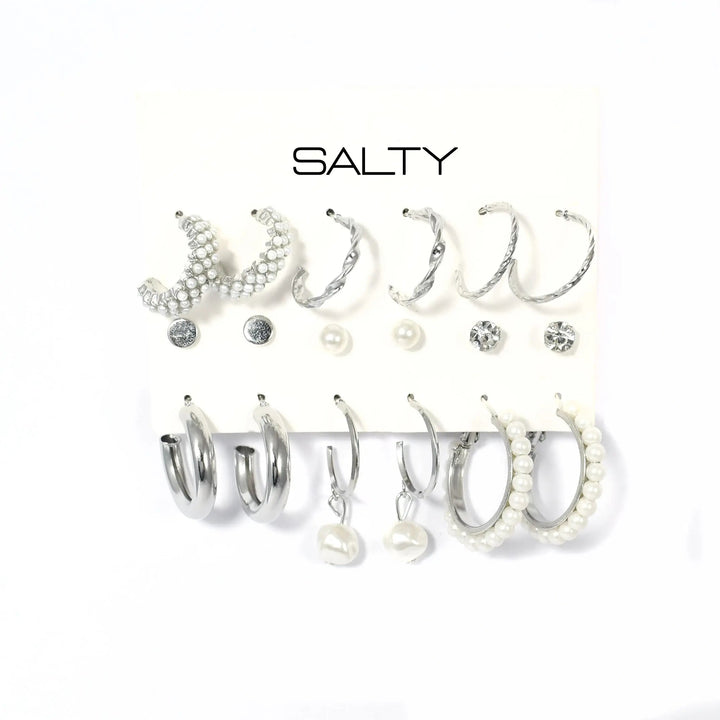 Set of 9 Silver Chunky Real Freshwater Pearl Hoops and Studs - Salty Accessories