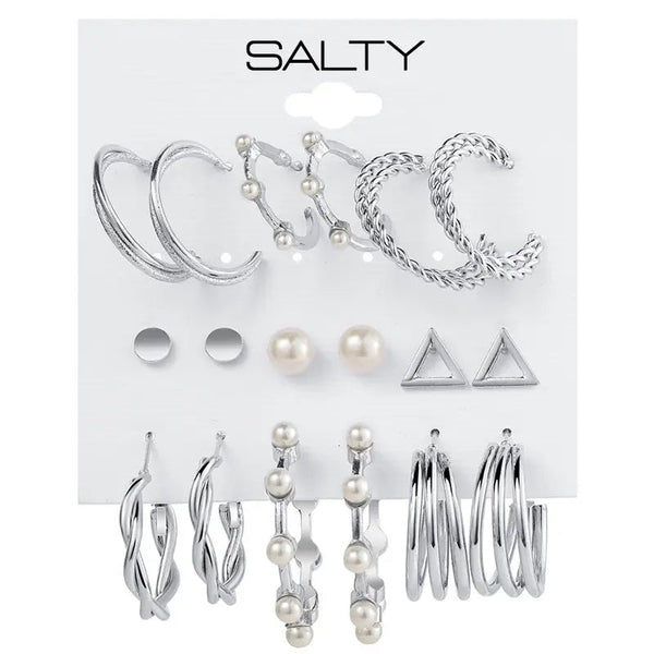 Set of 9 Silver Personality Pearl Silver Plated Vintage Hoops and Studs