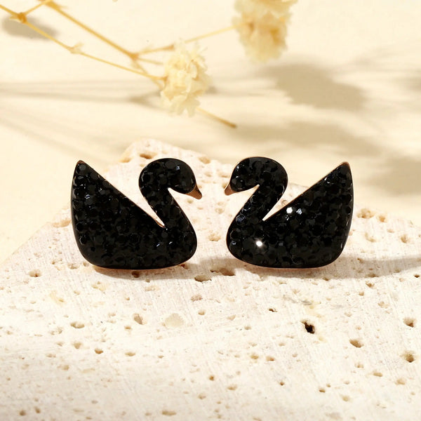Shinning Swan Stud Earrings - Black