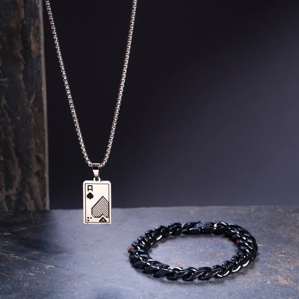 Silver Sher Mens Bracelet & Ace Chain Combo | Salty
