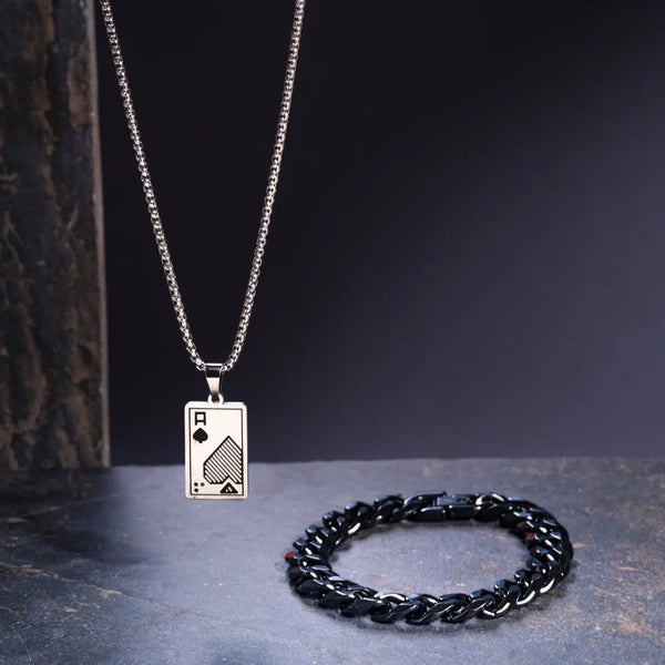 Silver Sher Mens Bracelet & Ace Chain Combo