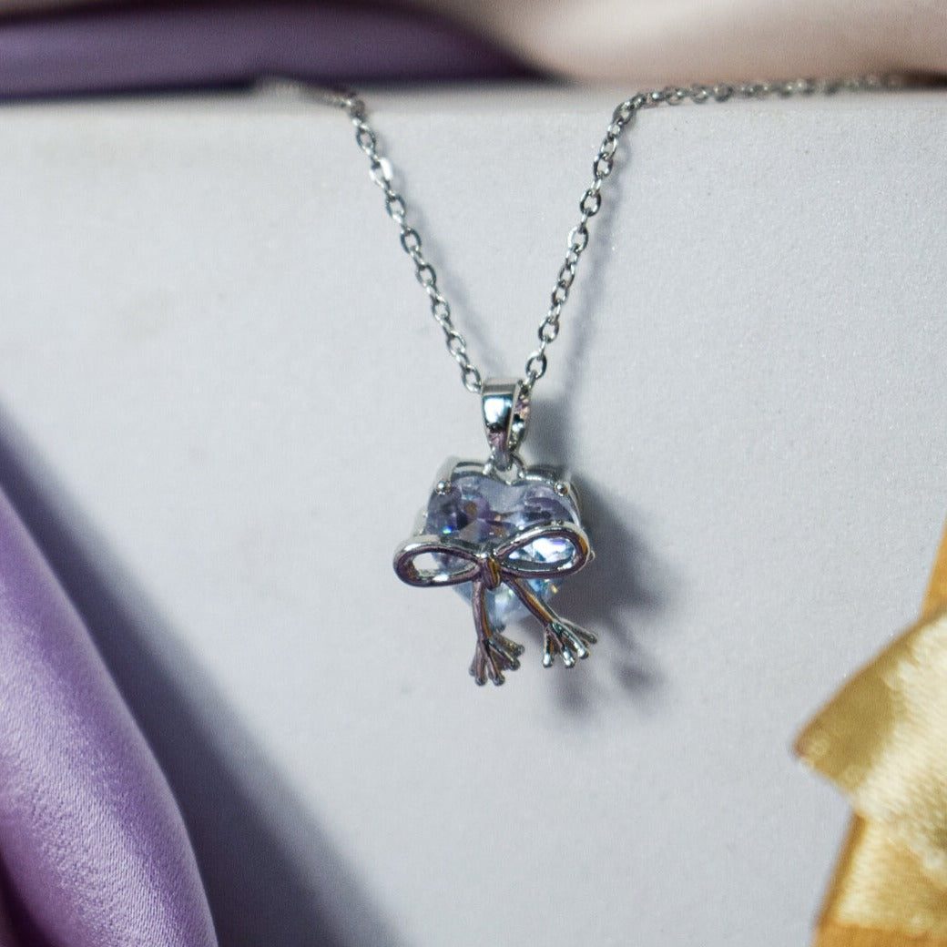 Silver Crystal Heart & Bow Necklace - Salty Accessories