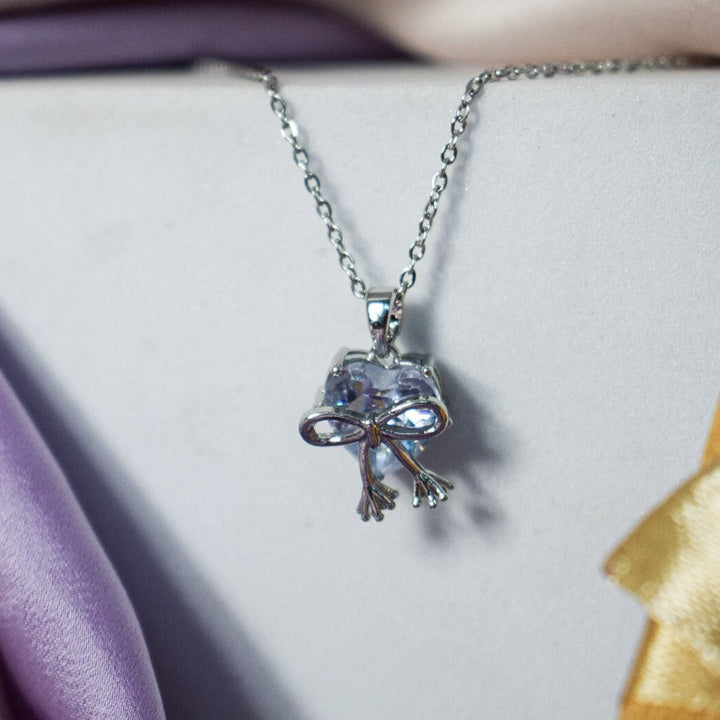 Silver Crystal Heart & Bow Necklace - Salty Accessories