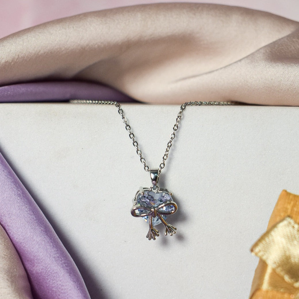 Silver Crystal Heart & Bow Necklace - Salty Accessories