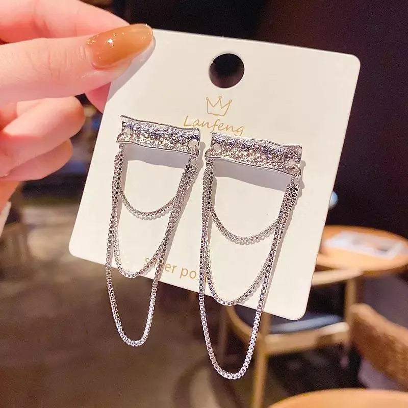 Silver Plate and Three Chain Layered Earrings