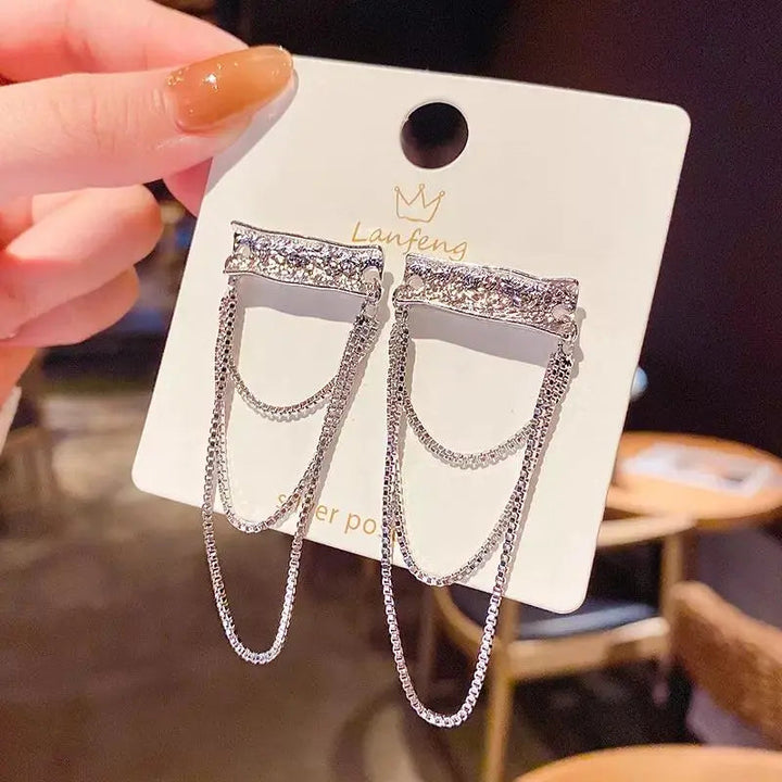 Silver Plate and Three Chain Layered Earrings