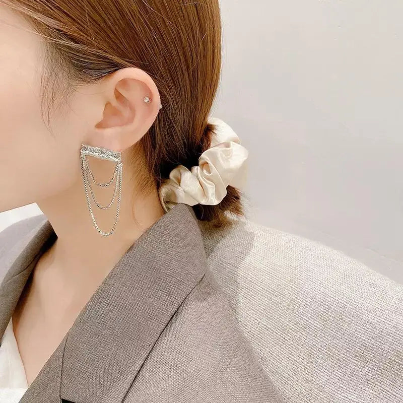 Silver Plate and Three Chain Layered Earrings