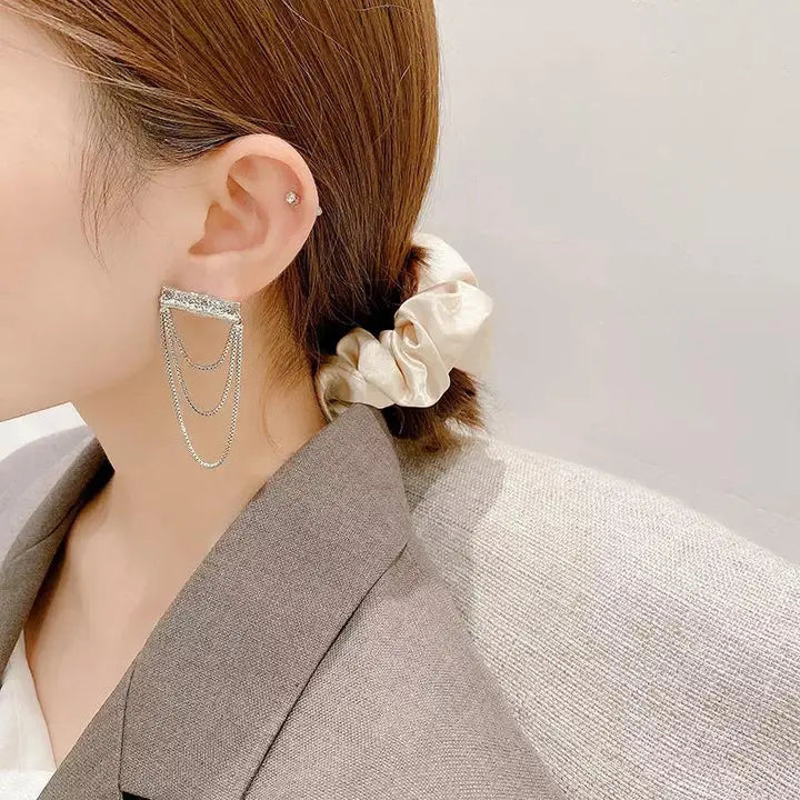 Silver Plate and Three Chain Layered Earrings