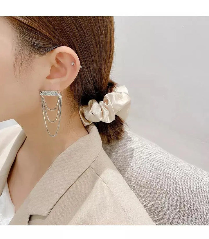 Silver Plate and Three Chain Layered Earrings