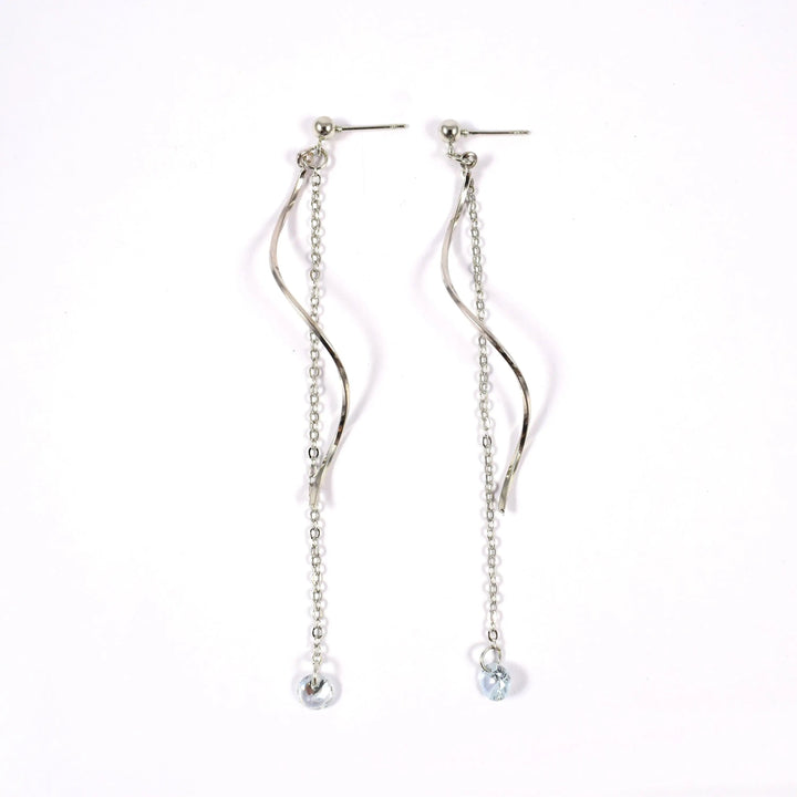 Silver Simple Wave Tassel Zircon Line Threader Earrings