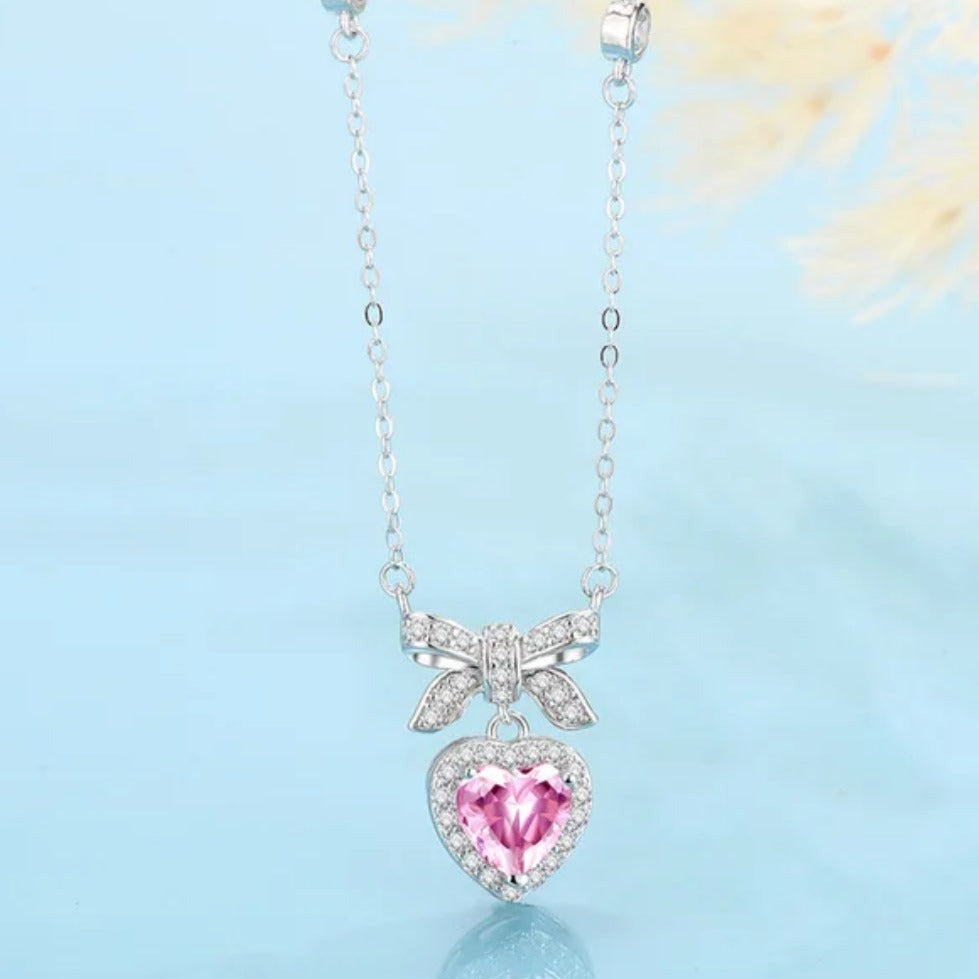 Silver Sweetheart Bow & Blush Necklace