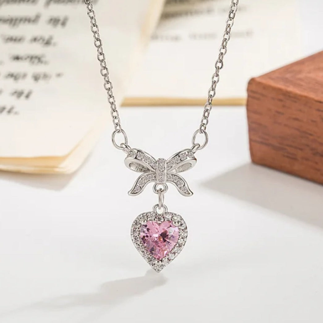 Silver Sweetheart Bow &amp; Blush Necklace - Salty Accessories