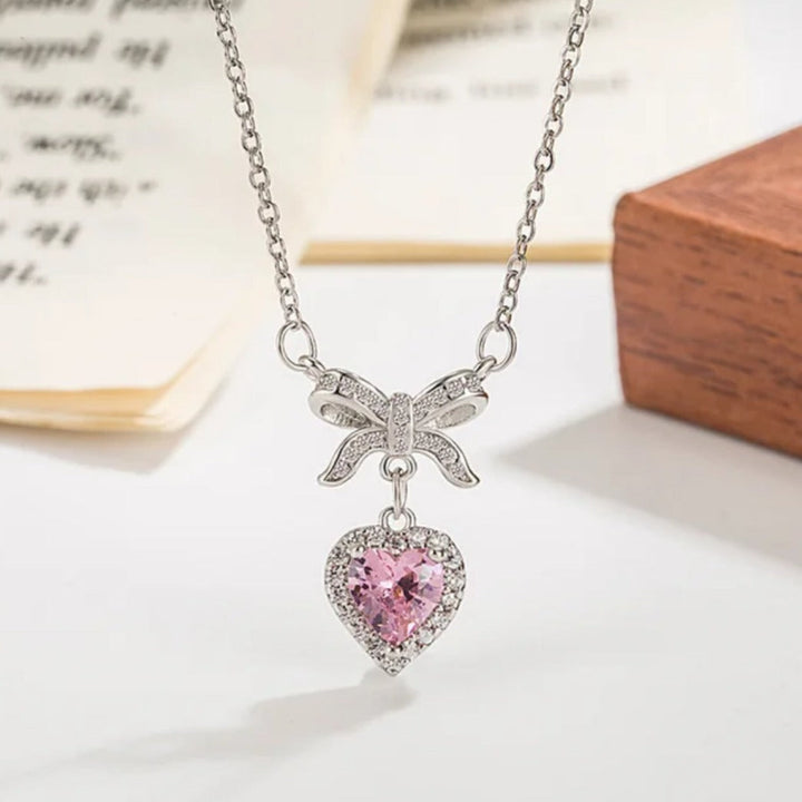Silver Sweetheart Bow &amp; Blush Necklace - Salty Accessories