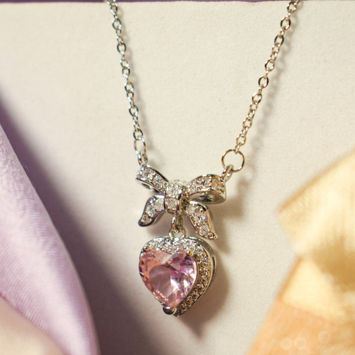 Silver Sweetheart Bow &amp; Blush Necklace - Salty Accessories