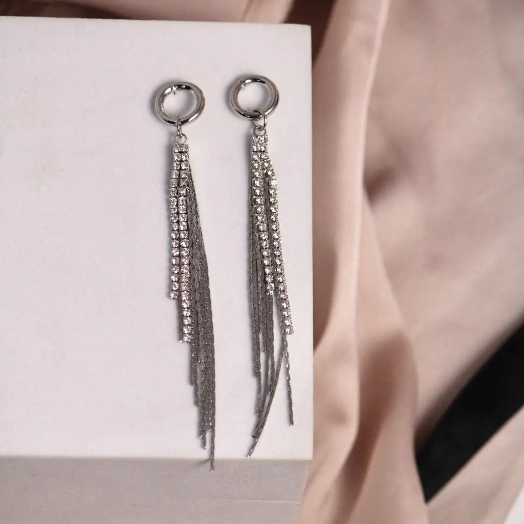 Simple Zirconia Tassel Silver Earrings - Salty Accessories