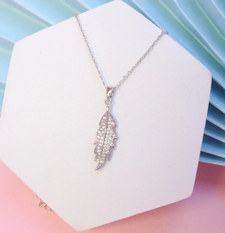 Small Leaf Crystal Necklace - Silver - Salty Accessories