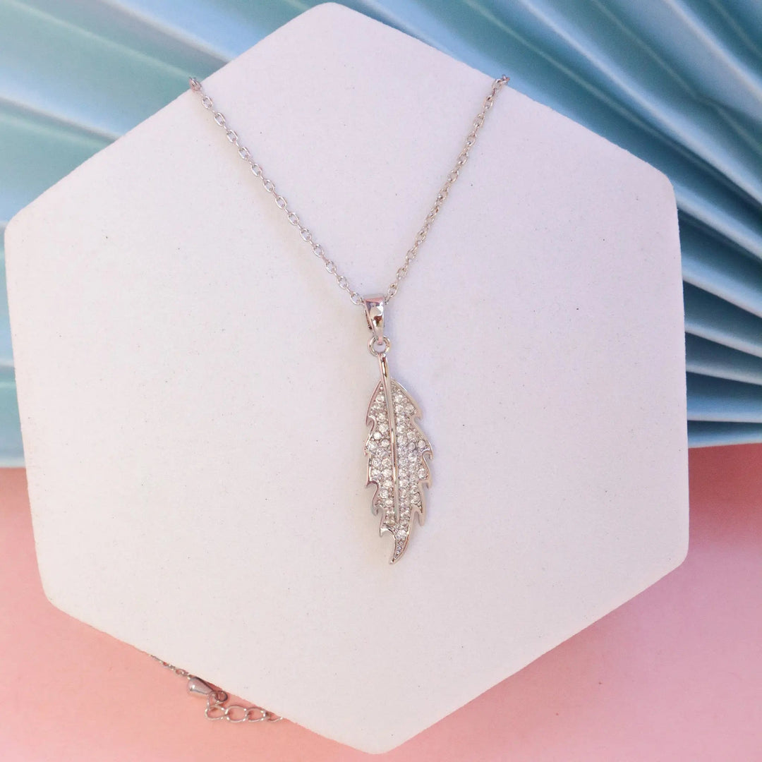 Small Leaf Crystal Necklace - Silver - Salty Accessories