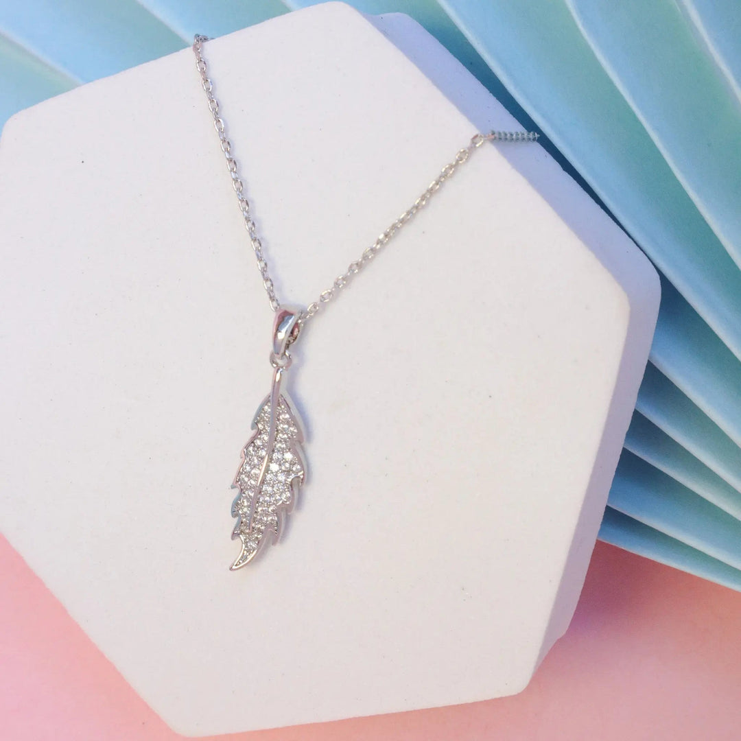 Small Leaf Crystal Necklace - Silver - Salty Accessories
