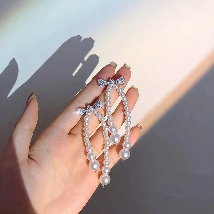 Sparkling Bow Pearl Drop Earrings - Salty Accessories