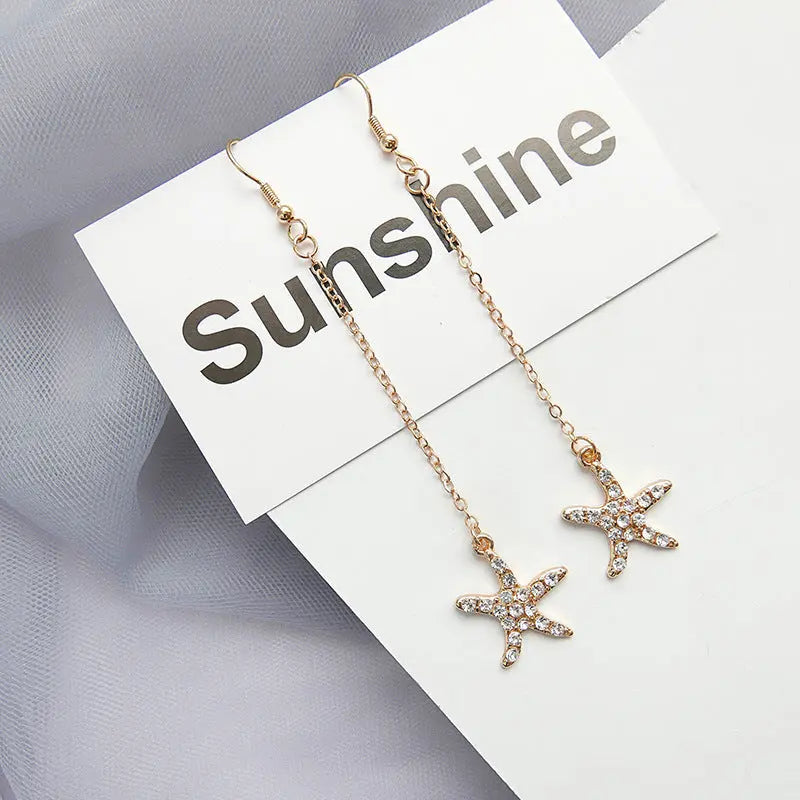 Starfish Chain Brass Plated Studded Tassel Drop Earrings - Salty Accessories