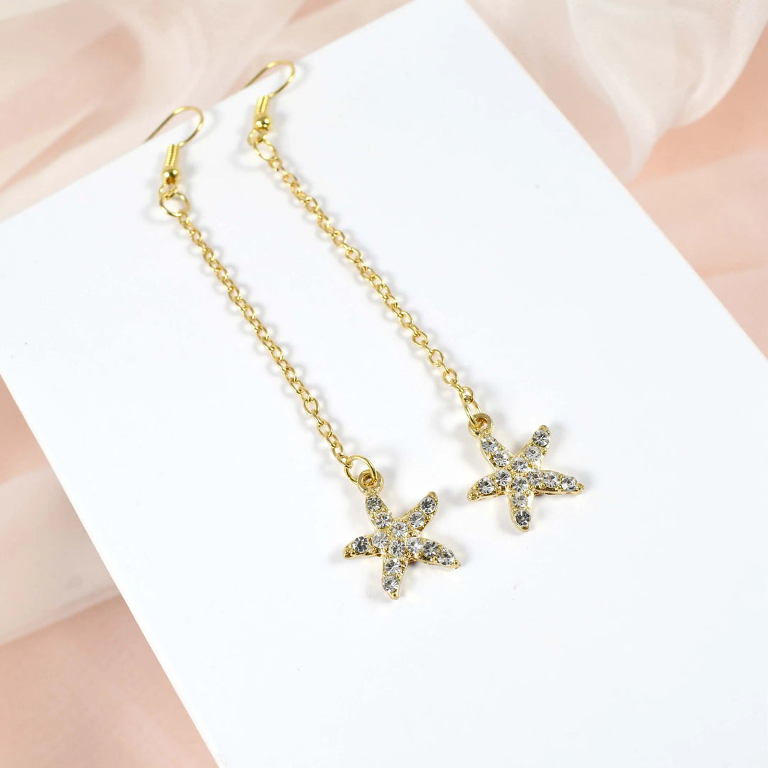 Starfish Chain Brass Plated Studded Tassel Drop Earrings - Salty Accessories