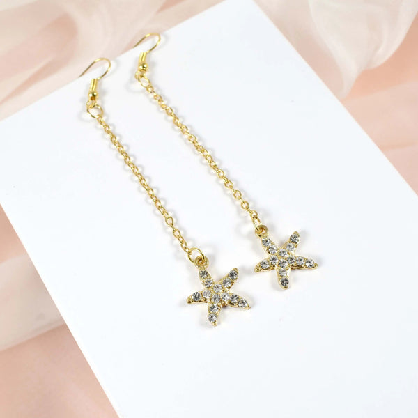 Starfish Chain Brass Plated Studded Tassel Drop Earrings
