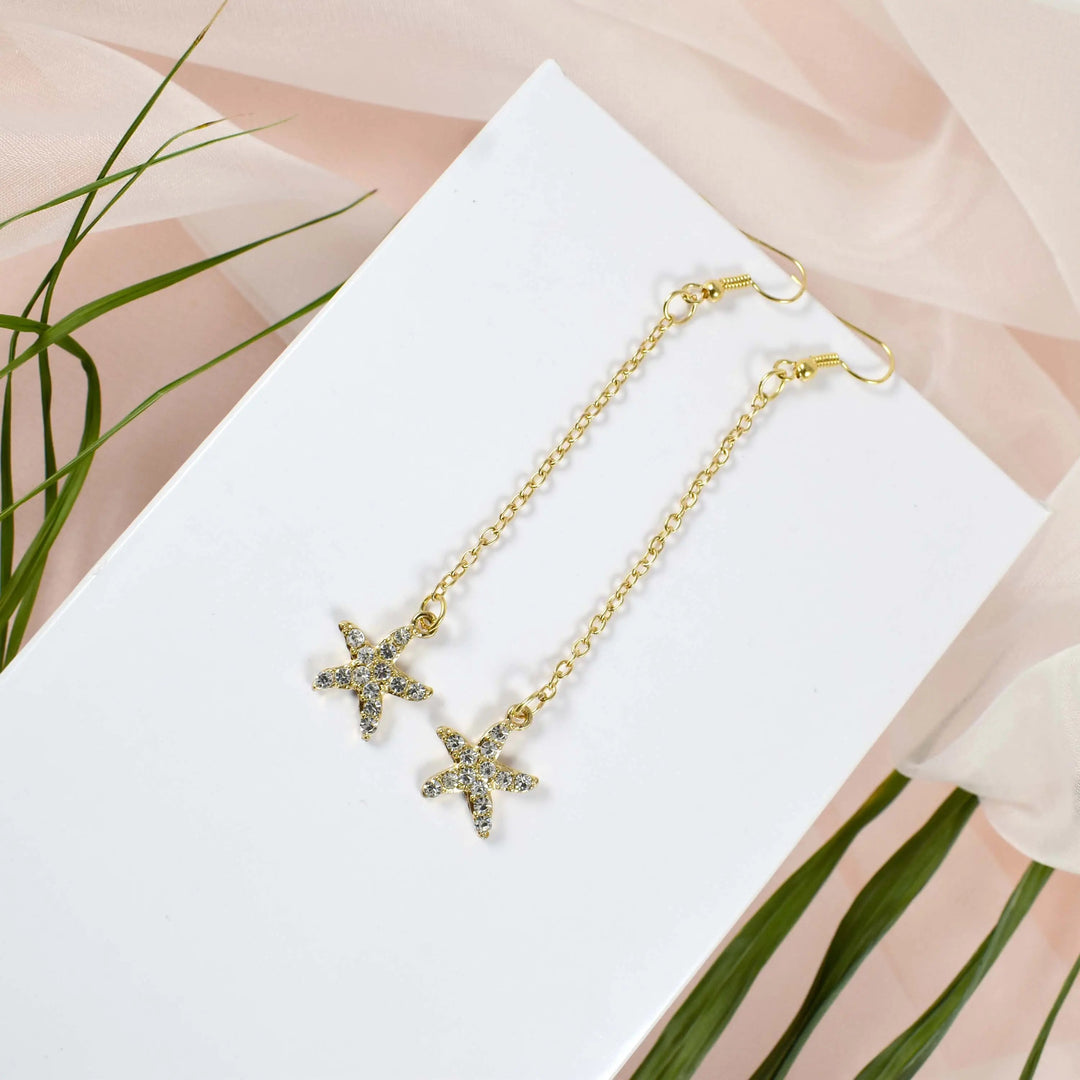 Starfish Chain Brass Plated Studded Tassel Drop Earrings - Salty Accessories