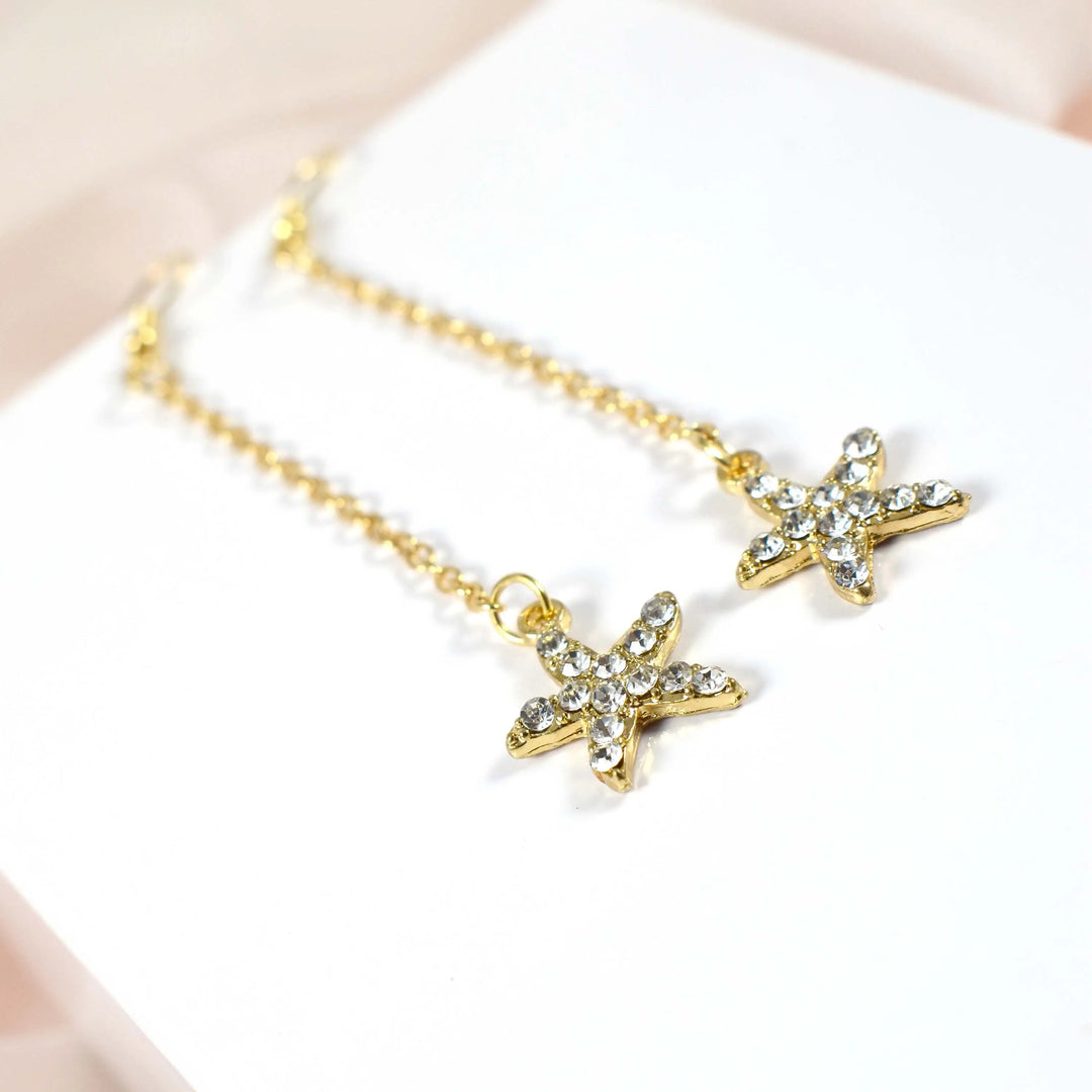 Starfish Chain Brass Plated Studded Tassel Drop Earrings - Salty Accessories