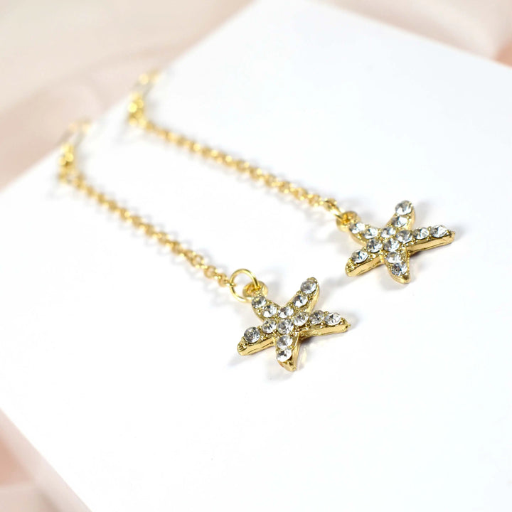Starfish Chain Brass Plated Studded Tassel Drop Earrings - Salty Accessories