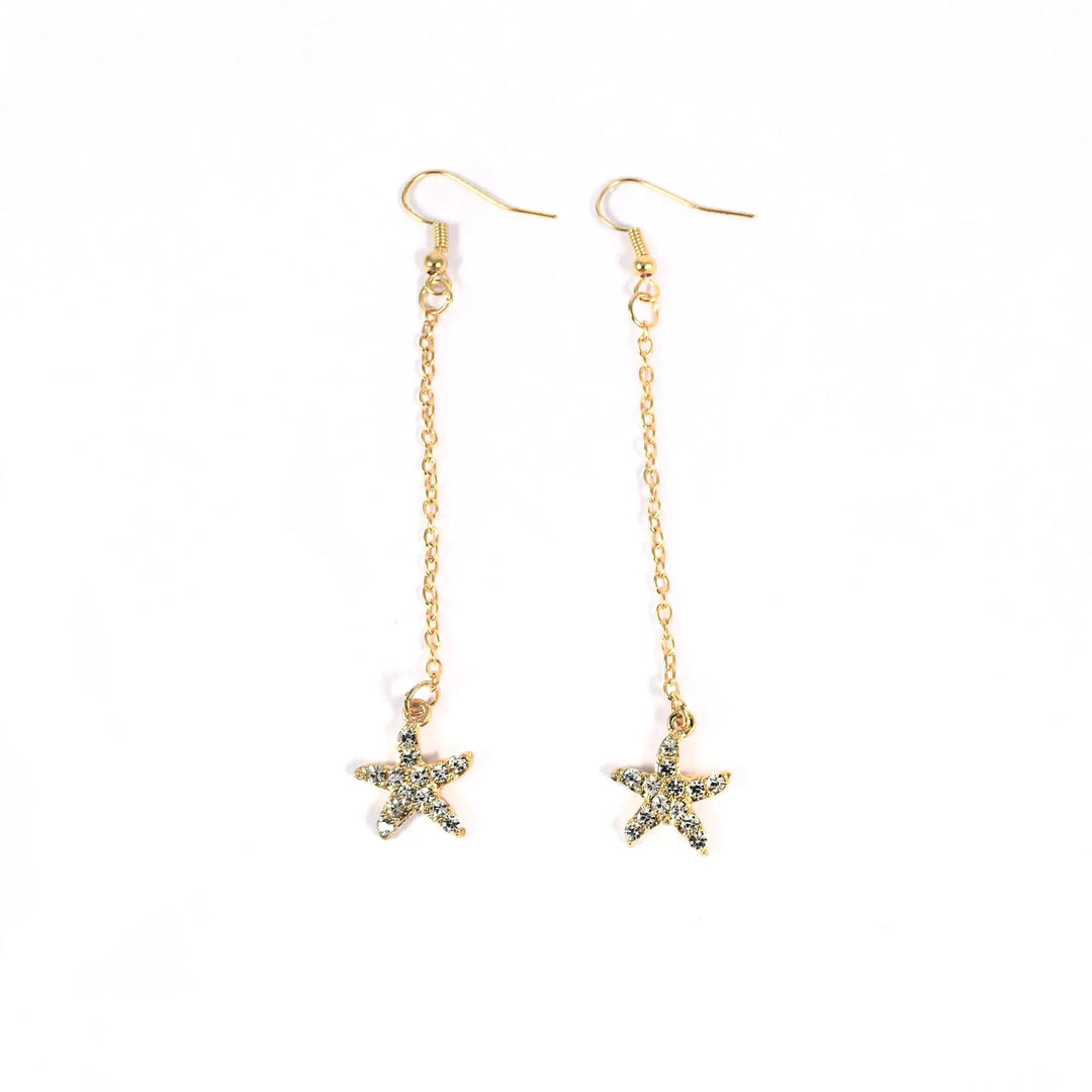 Starfish Chain Brass Plated Studded Tassel Drop Earrings - Salty Accessories