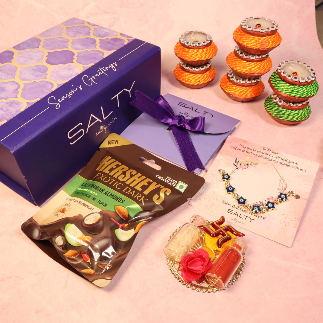 Stellar Evil Eye Rakhi Gift Box For Sister Salty