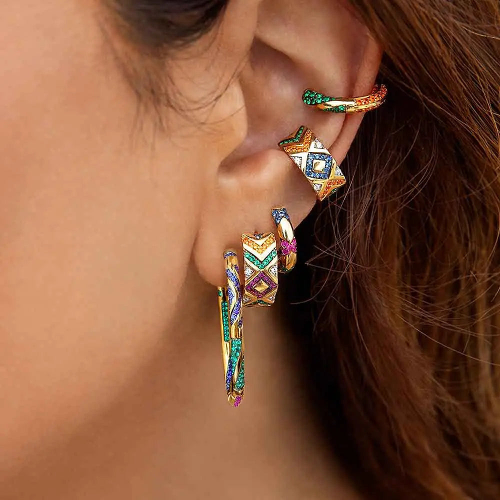 Stripes Inlaid Metal Gold Plated Clip on Cuff Earrings - Salty Accessories