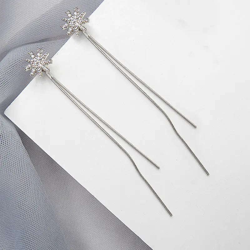 Studded Snowflake Tassel Long Drop Earrings