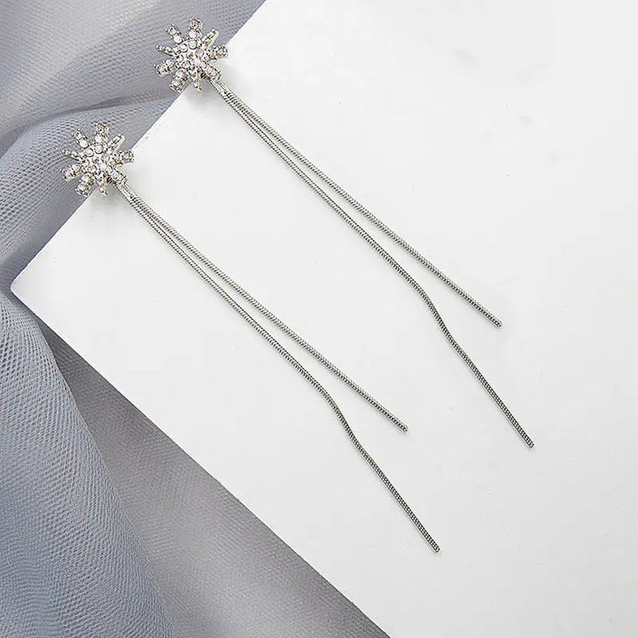 Studded Snowflake Tassel Long Drop Earrings