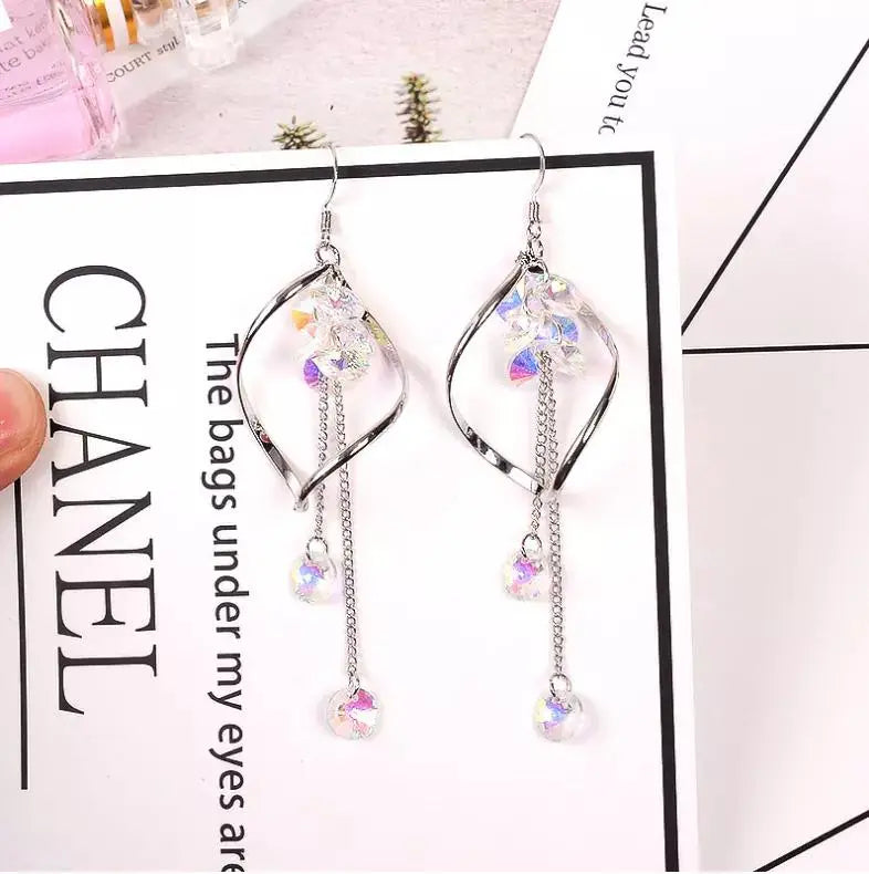Super Sense Fairy Crystal Drop Tassel Earrings - Silver