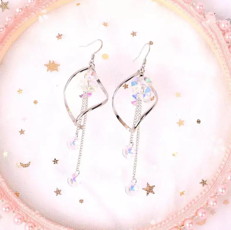 Super Sense Fairy Crystal Drop Tassel Earrings - Silver