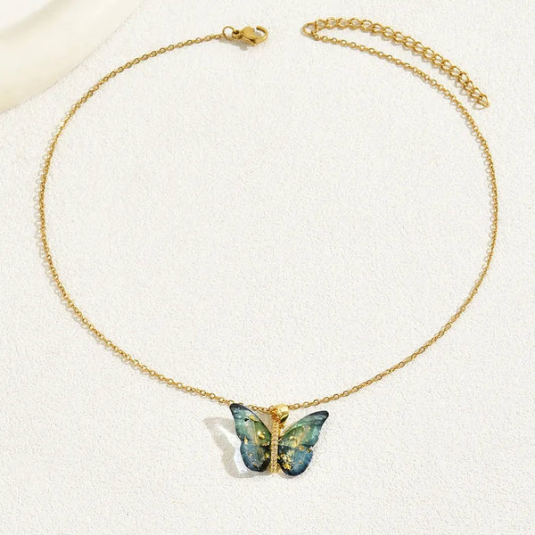 Vibrant Blue Golden Winged Beauty Necklace