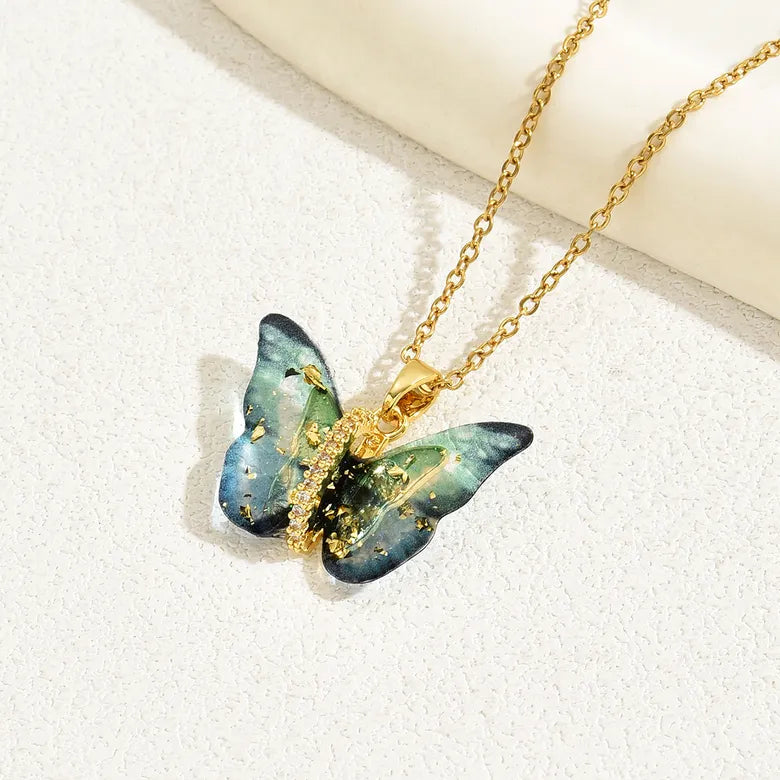 Vibrant Blue Golden Winged Beauty Necklace Salty
