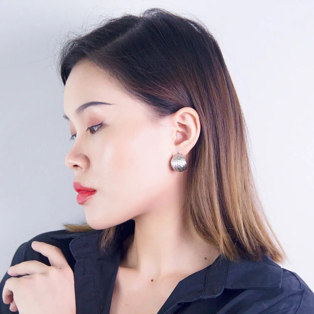 Textured Light Silver Fashion Half Hoop Stud Earrings