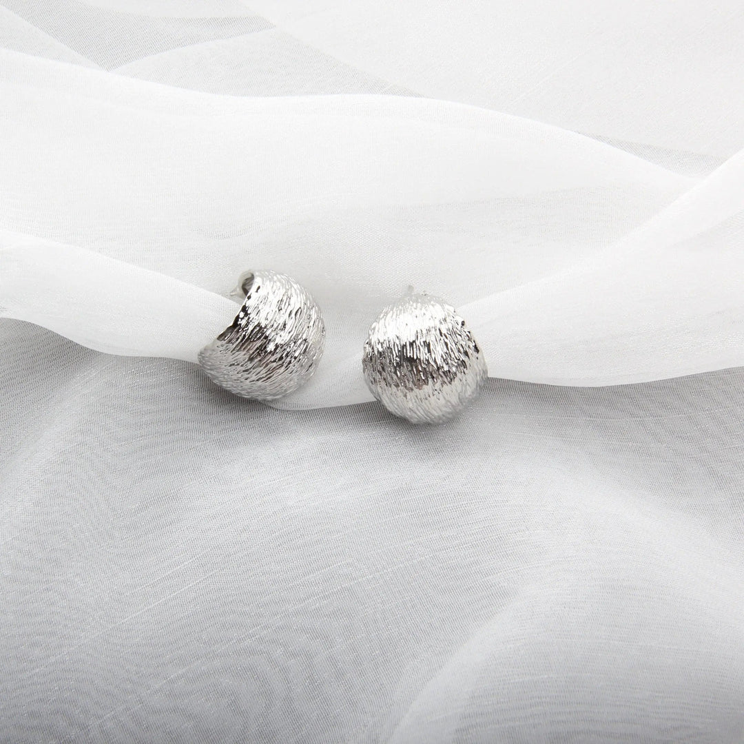 Textured Light Silver Fashion Half Hoop Stud Earrings