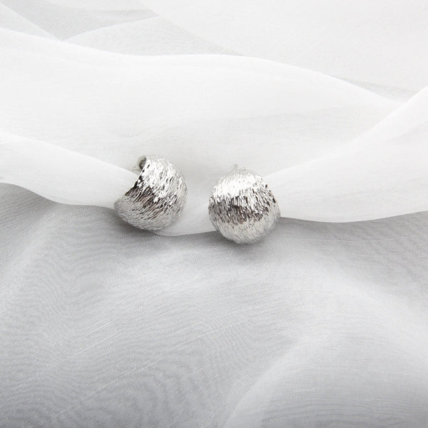 Textured Light Silver Fashion Half Hoop Stud Earrings
