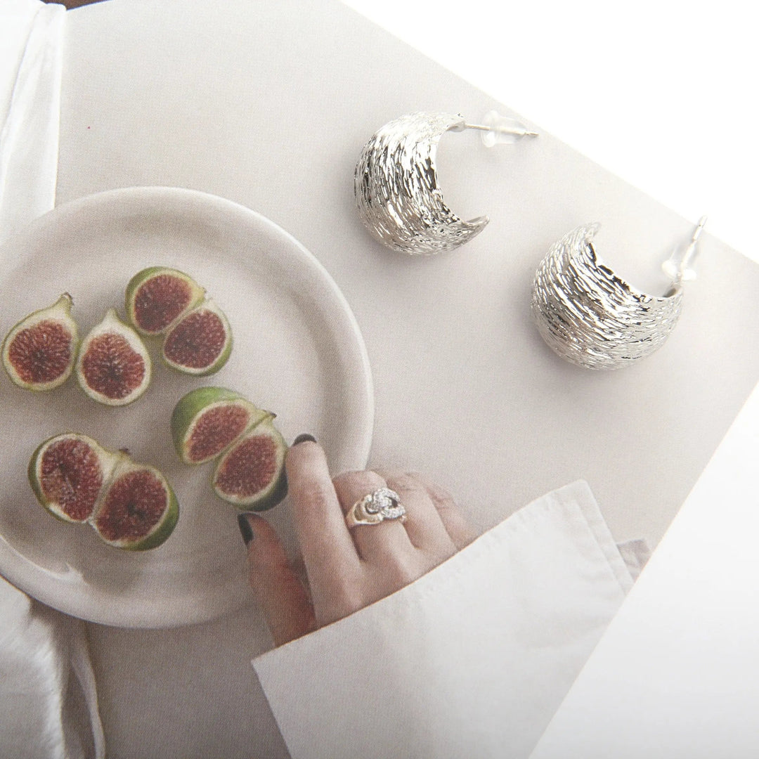 Textured Light Silver Fashion Half Hoop Stud Earrings