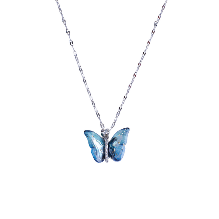 Vibrant Blue Silver Winged Beauty Necklace