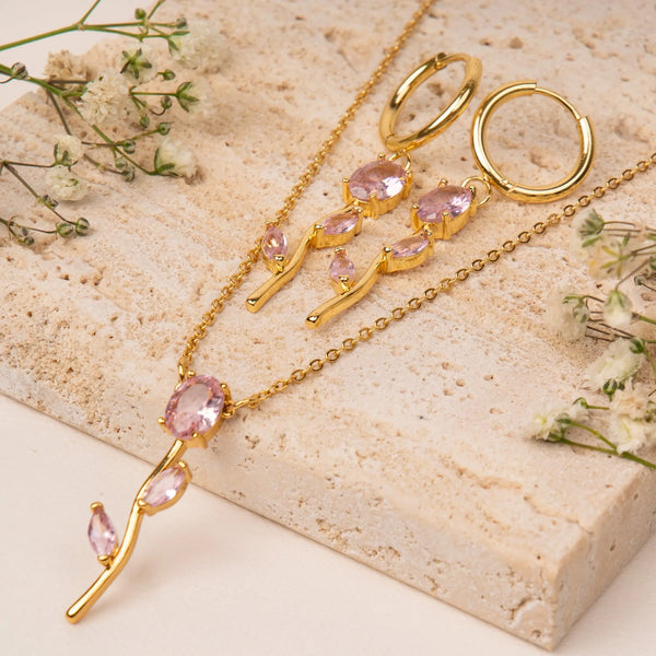 Tulip Velisse Drop Earrings & Necklace set - Pink